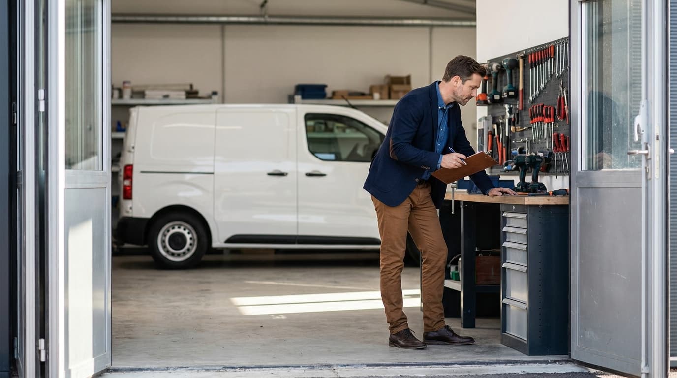 A buyer with a clipboard inspecting a well-organised trade workshop and work van