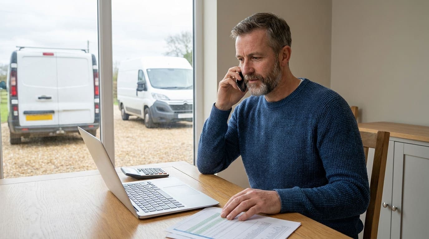 A UK trade business owner sitting at a tidy office desk with a phone to his ear and a spreadsheet of monthly figures open on his laptop, work vans visible in the yard through the window behind him