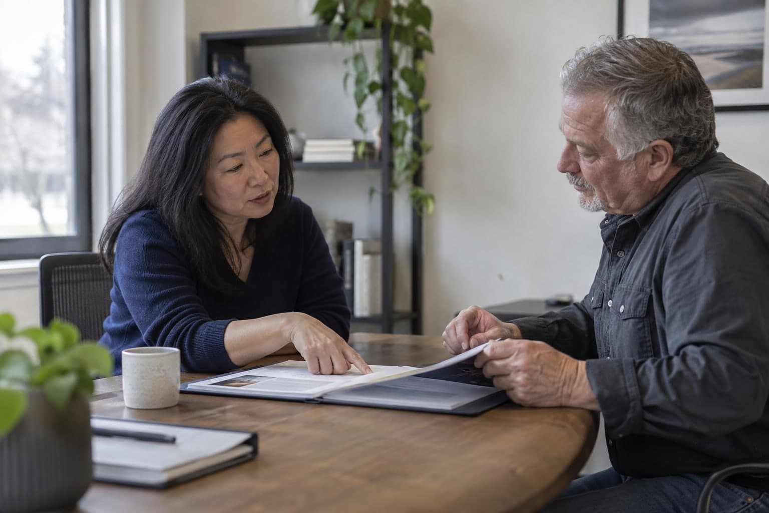 Two business professionals discussing company documents.