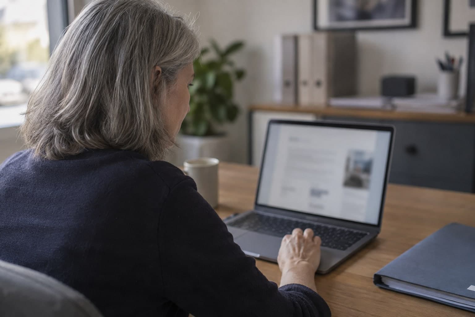A business director using a laptop beside a document folder.