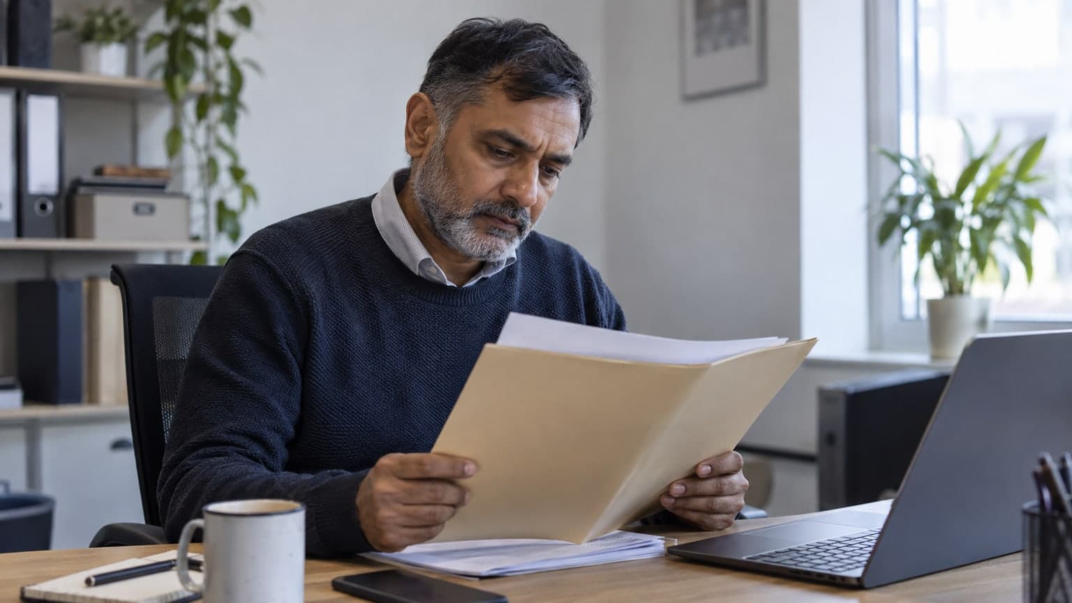 A business director reviewing correspondence at an office desk.