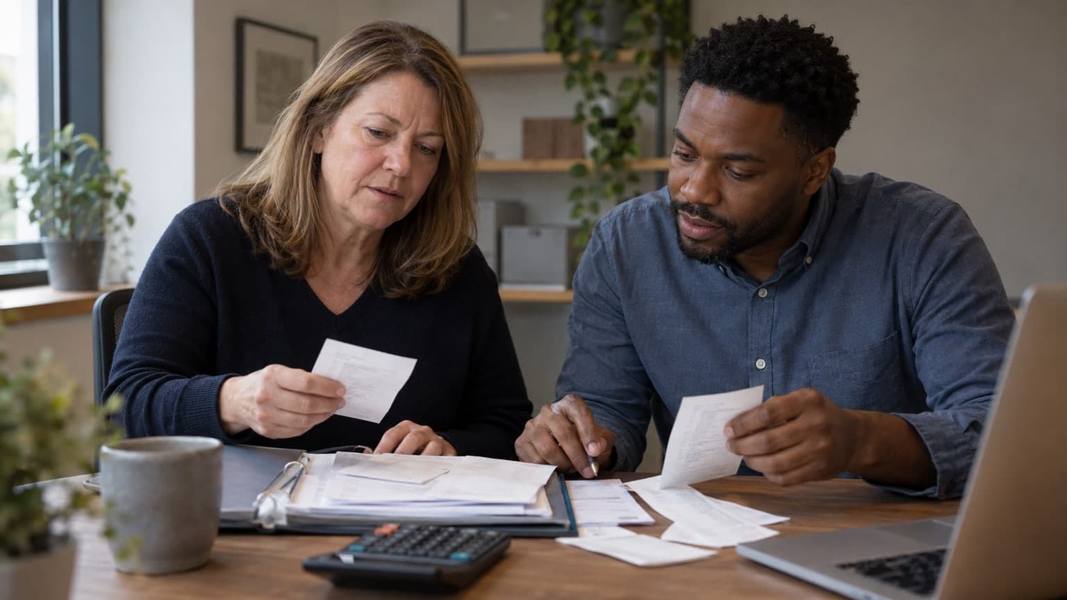 An accountant and business owner organising receipts.