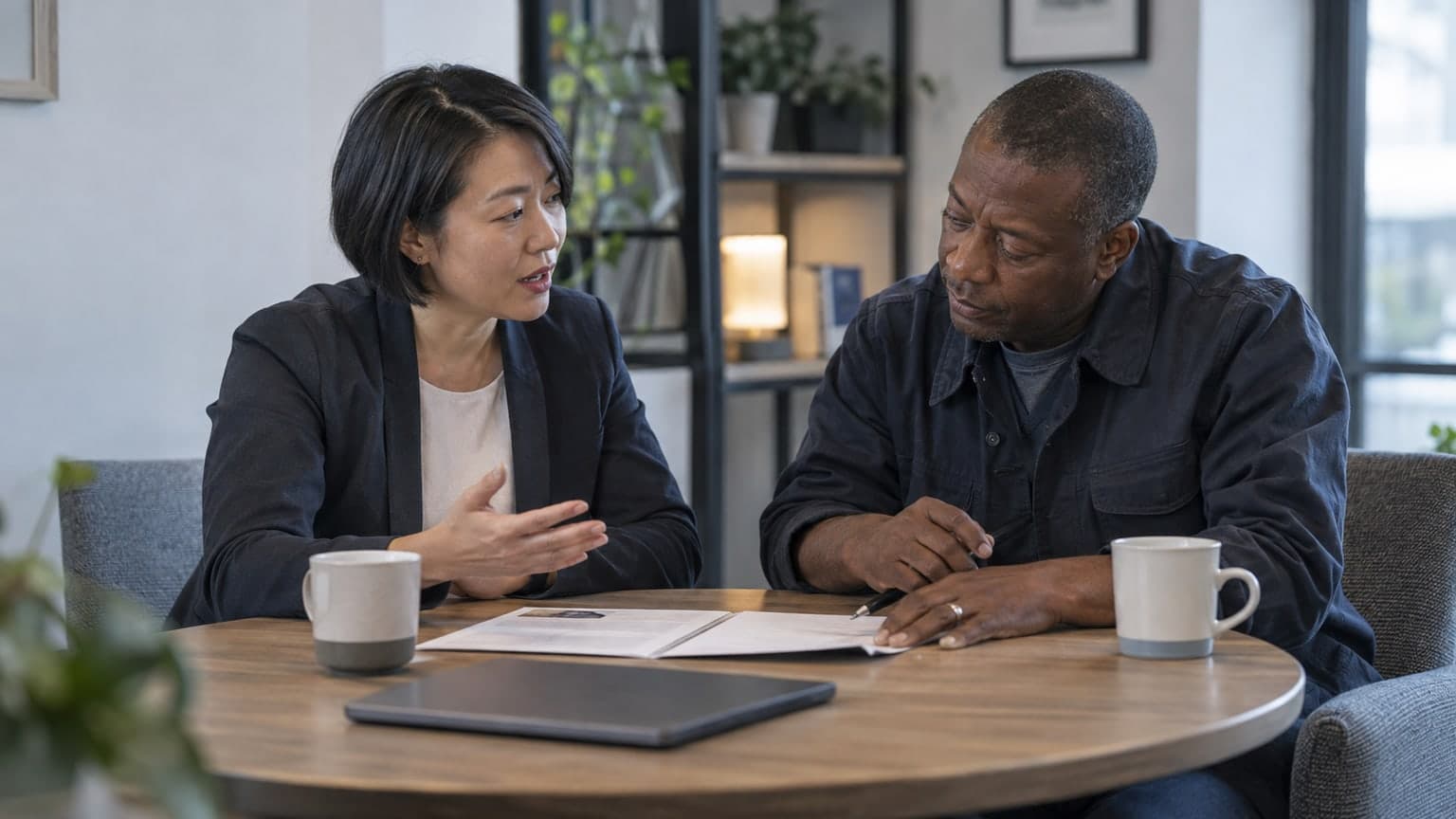 A business adviser discussing a proposal with an owner.