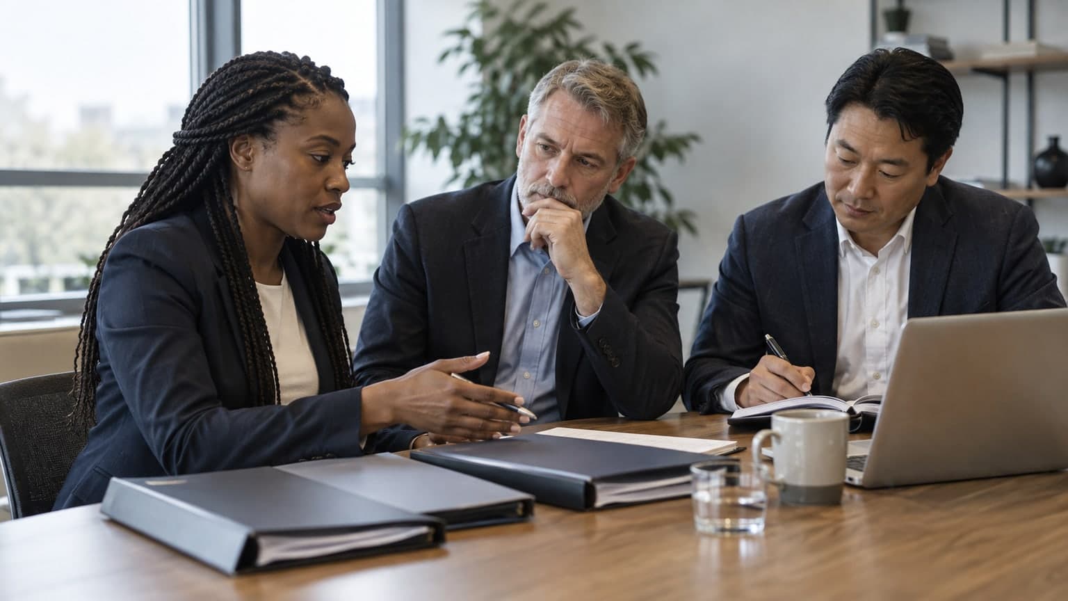 Business advisers comparing information at a meeting table.