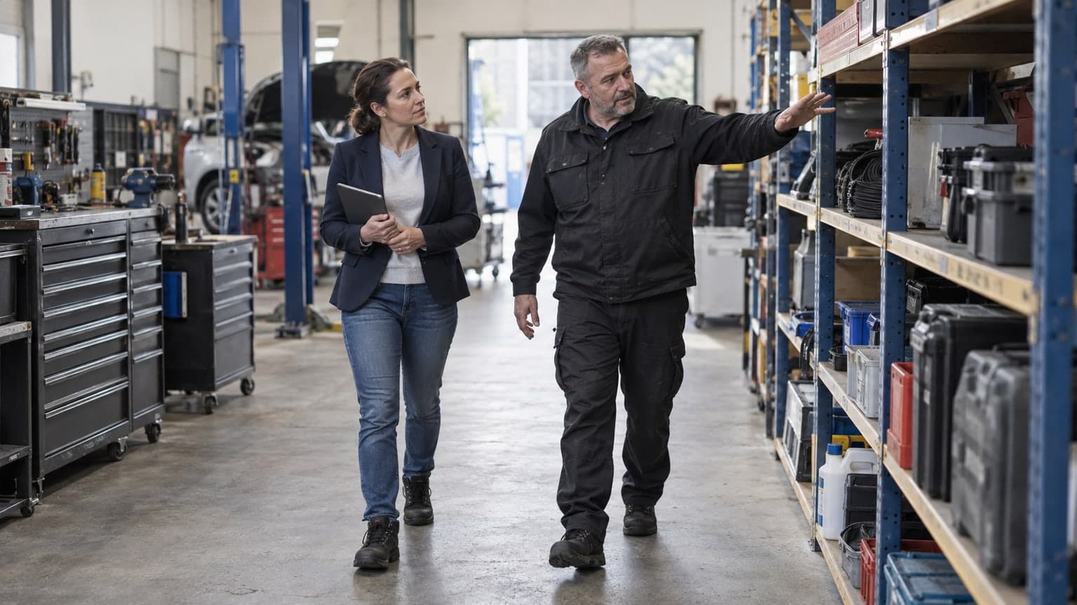 Two professionals discussing equipment during a workshop visit.