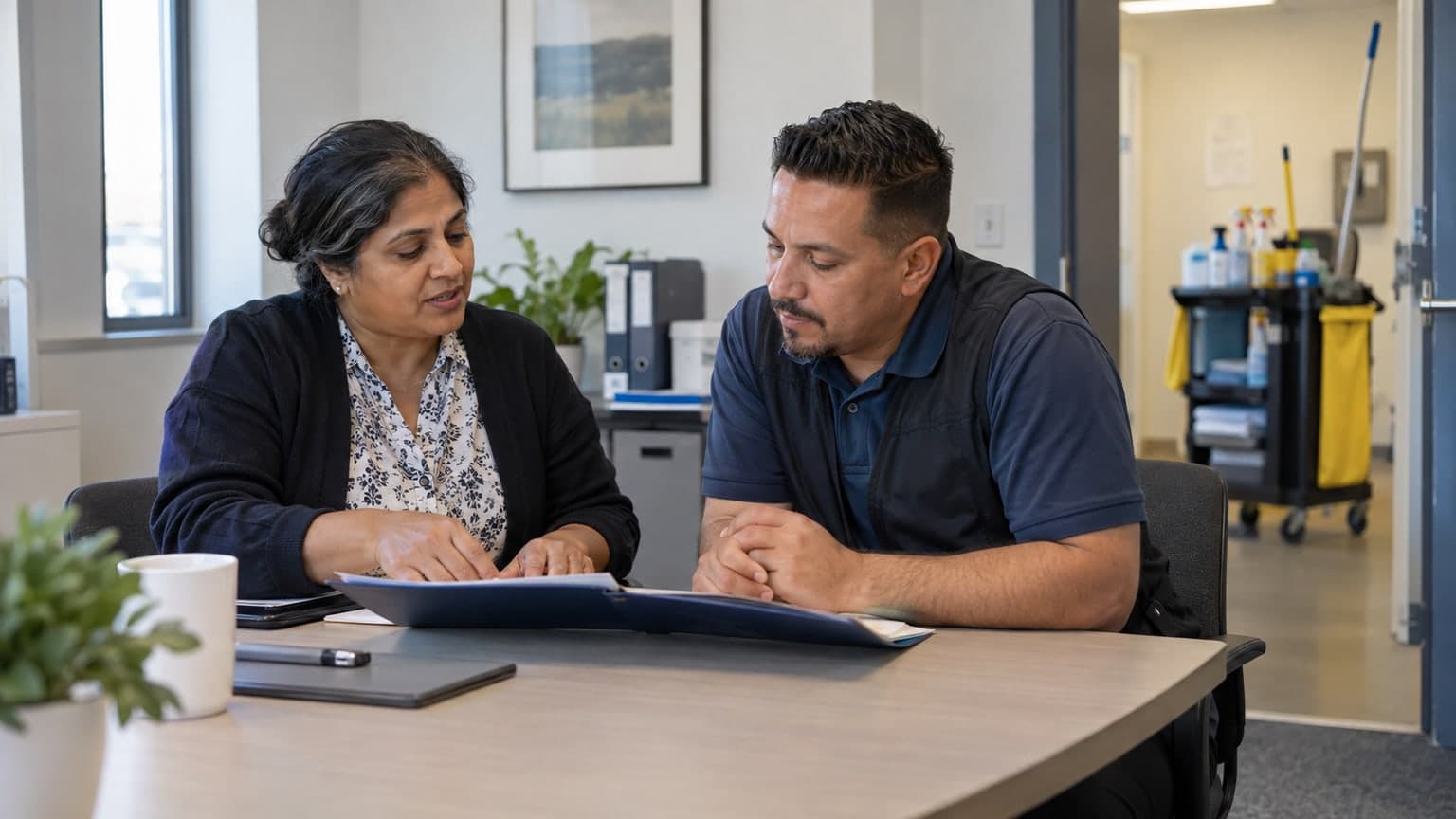 Cleaning business colleagues reviewing a folder together.