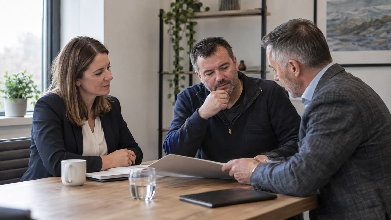A business owner meeting with two professional advisers.