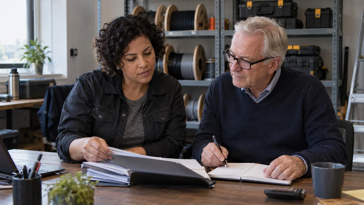 An electrical business owner discussing accounts with an adviser.