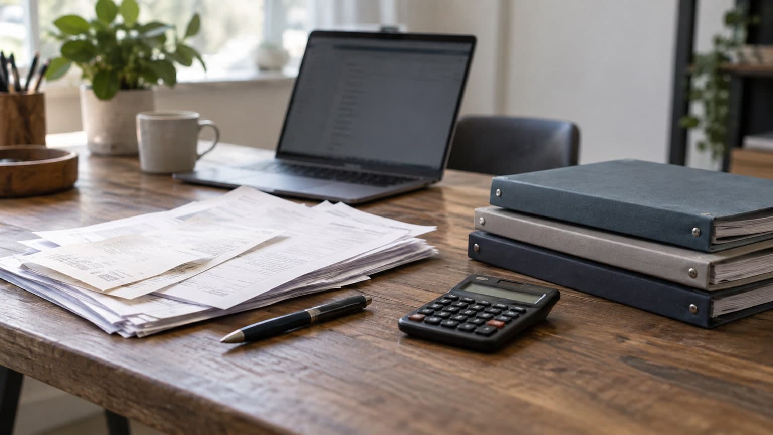 Organised paperwork, a calculator and a laptop on a desk.