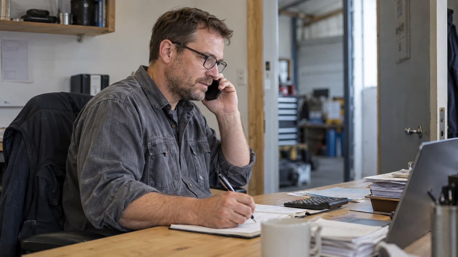 A business owner speaking on the phone beside account papers.