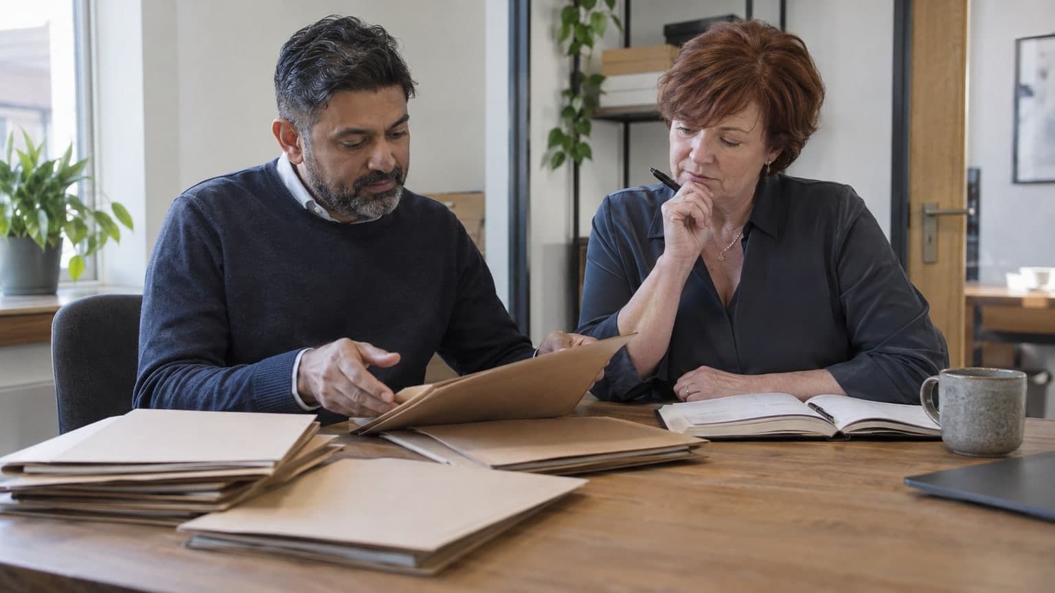 Two colleagues planning work with a diary and folders.