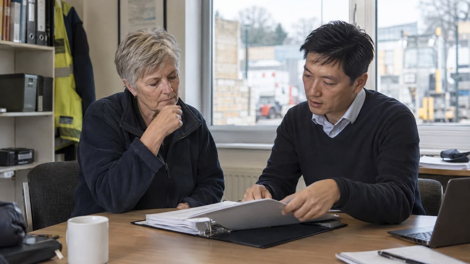 A contracting business owner and accountant reviewing a folder.