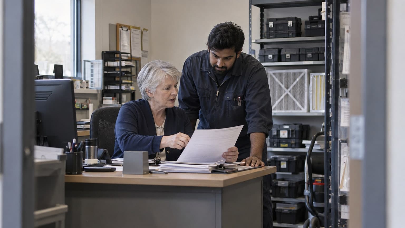 HVAC colleagues reviewing maintenance records at a service desk.