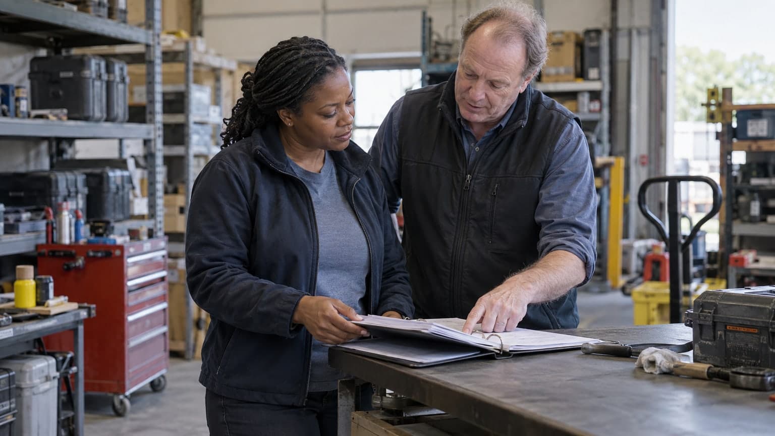 Two professionals reviewing an equipment folder in a warehouse.