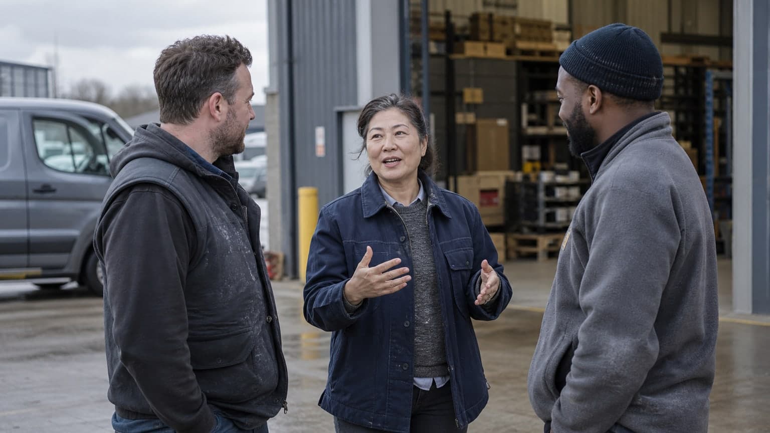 A business owner and colleagues talking outside a service depot.