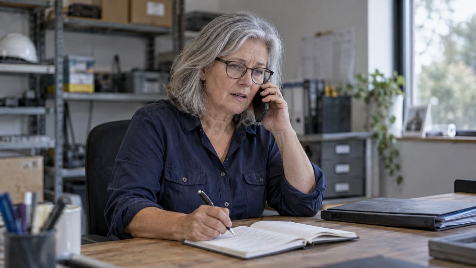 A business owner speaking on the phone at her desk.