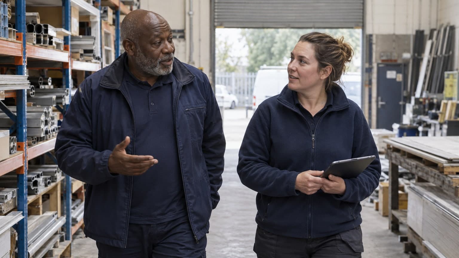 Two contracting colleagues talking inside a workshop.