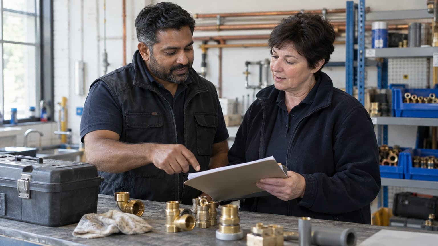 Two professionals discussing a folder in a plumbing workshop.