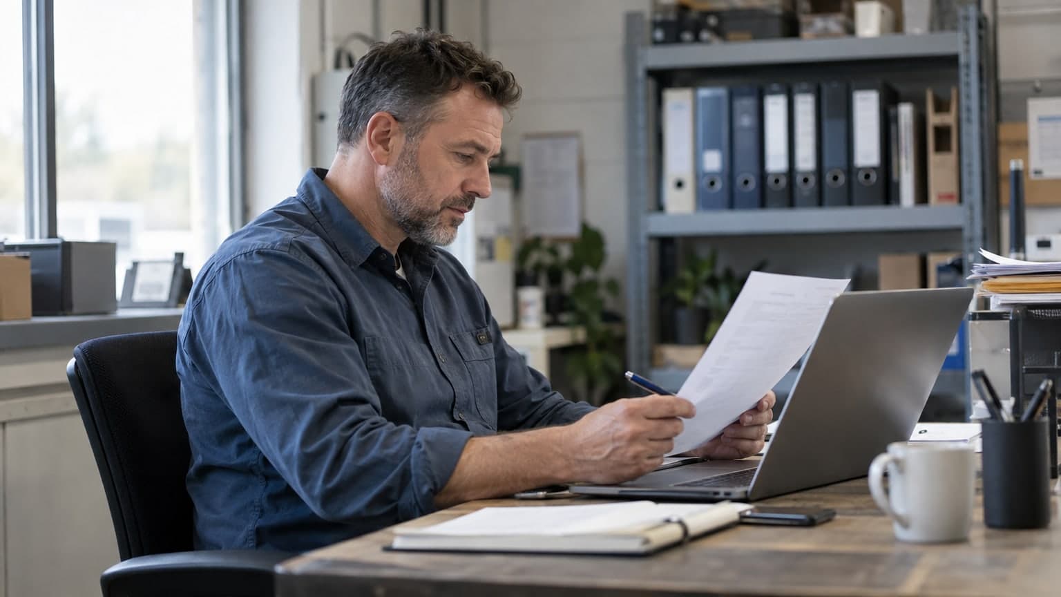 A business owner reviewing account summaries in an office.