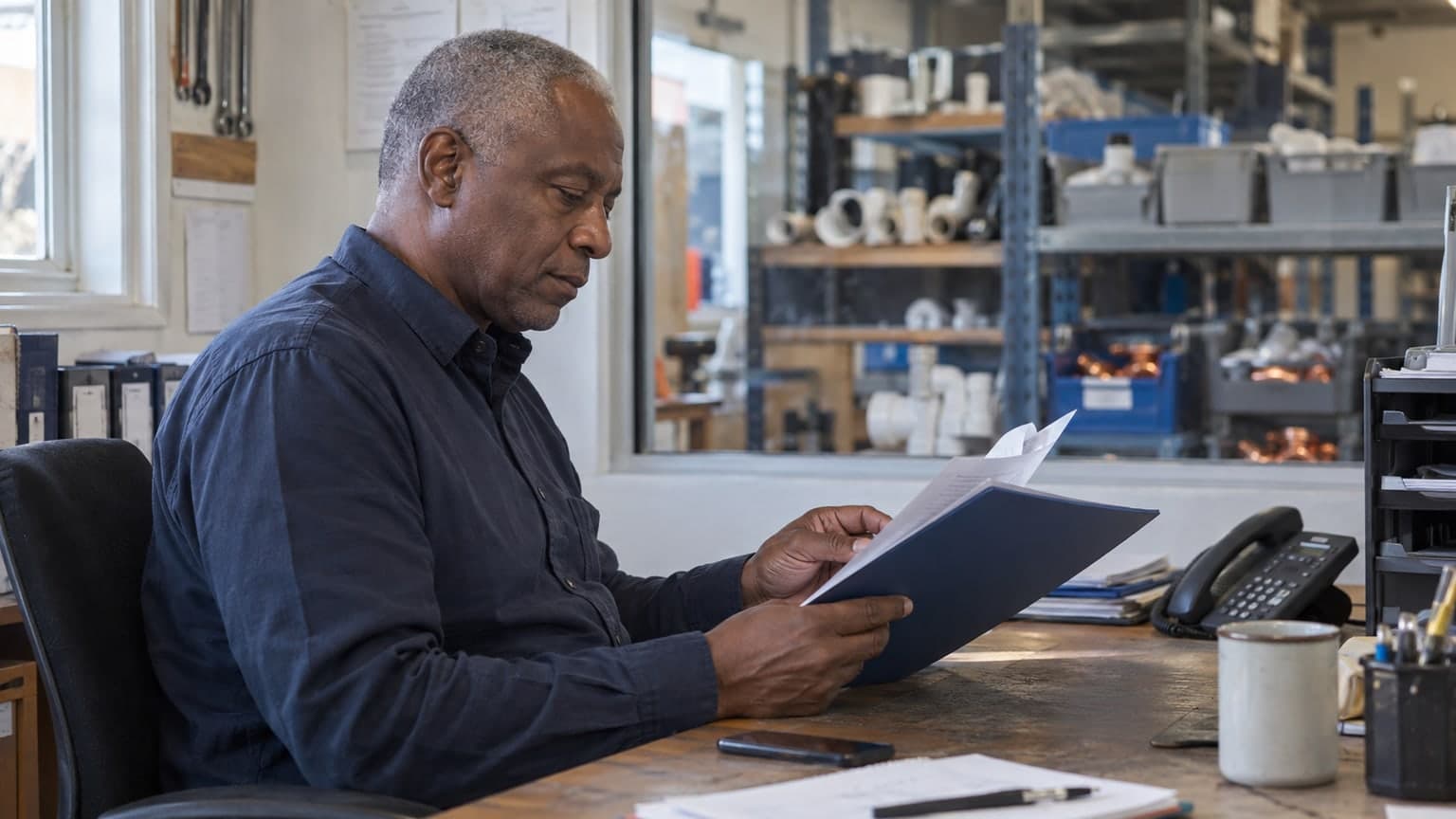 A plumbing business manager reviewing paperwork in a workshop office.