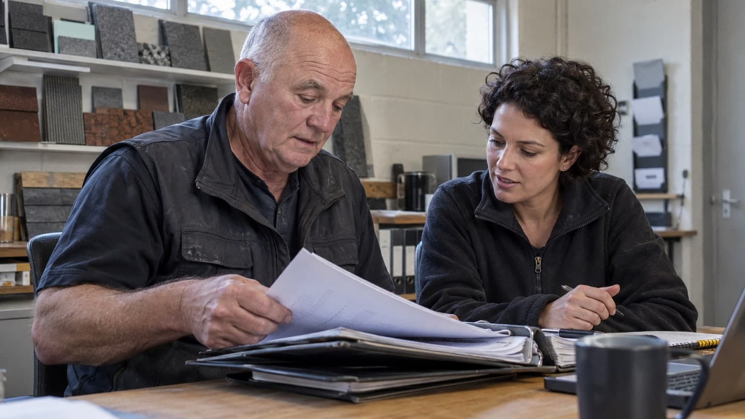 Roofing business colleagues reviewing job records.