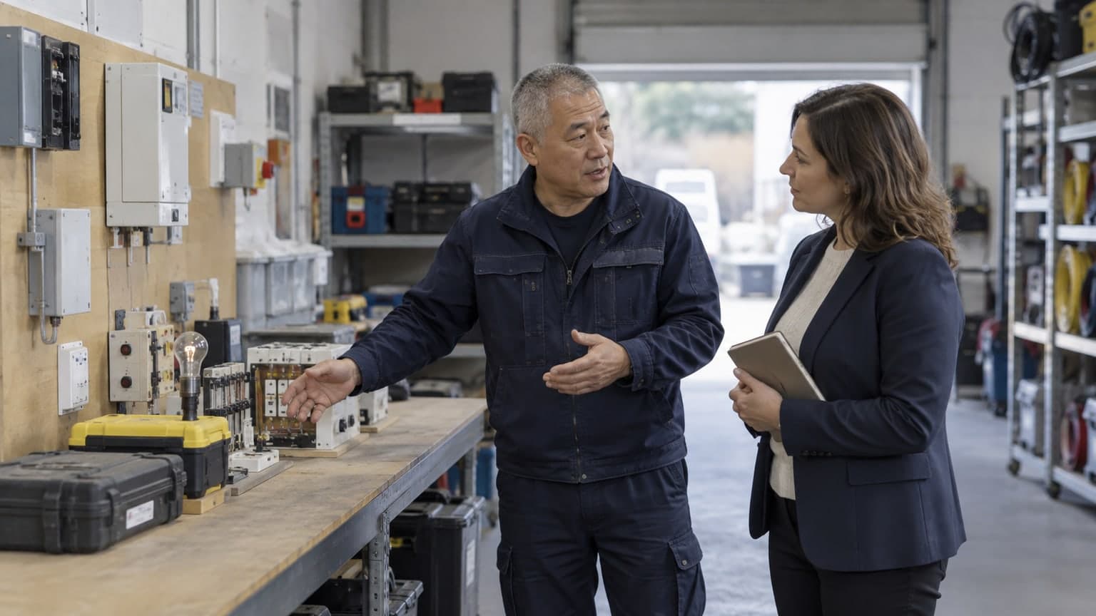 An electrical contractor discussing workshop equipment with an adviser.