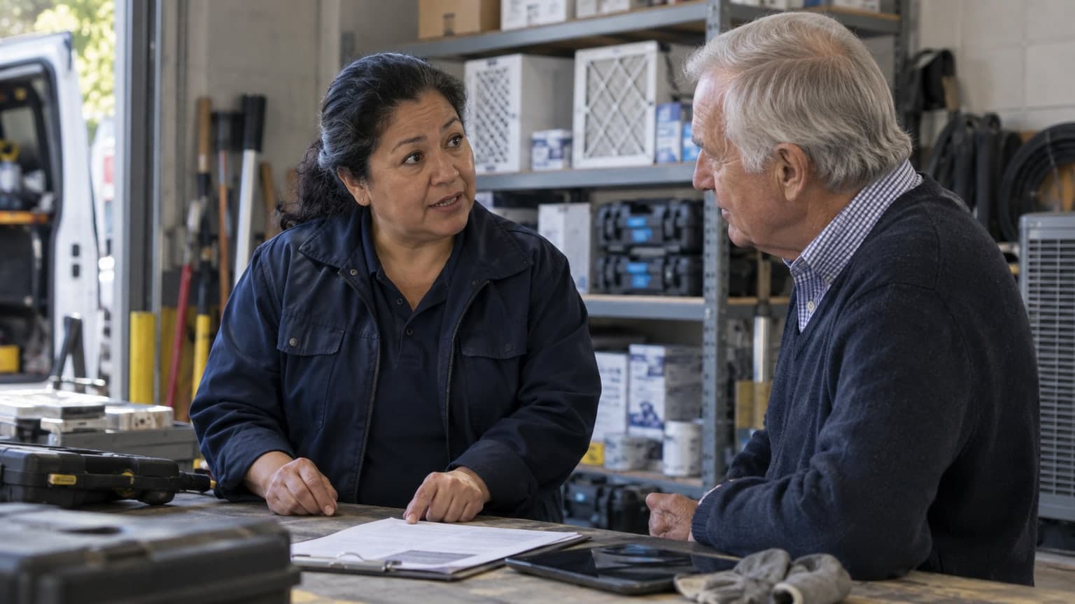 An HVAC business owner and visitor discussing service records.