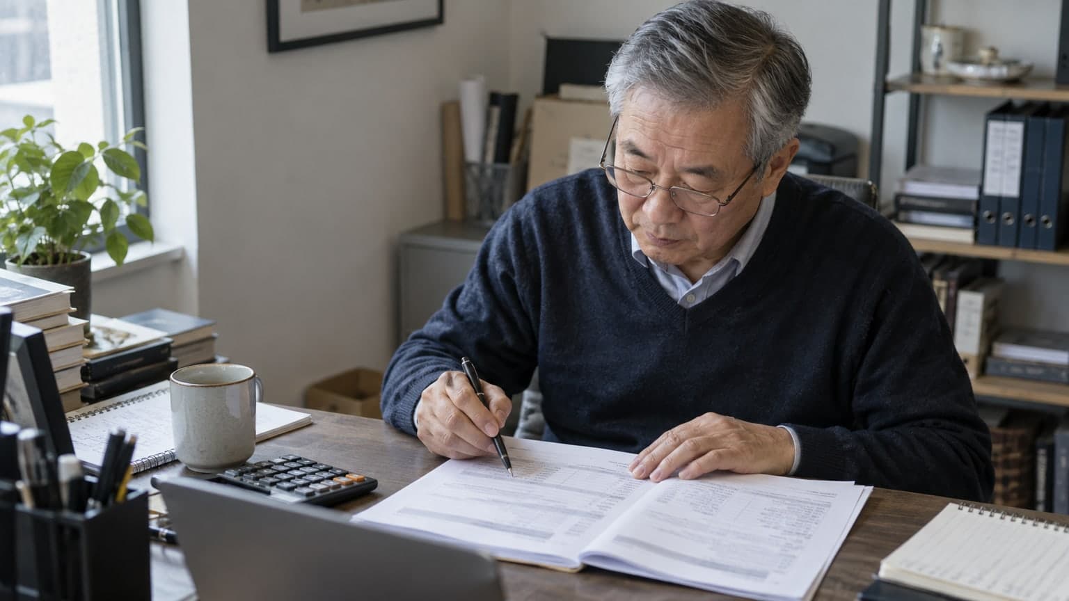 A business owner reviewing paperwork with a pen and calculator.