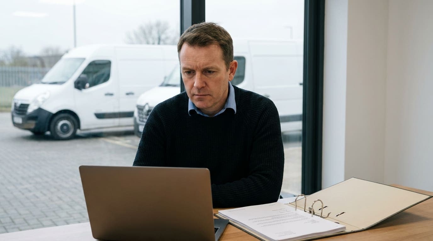 A UK trade business owner at a tidy desk reviewing a Companies House notice on his laptop, with white work vans visible in the yard through the window behind him