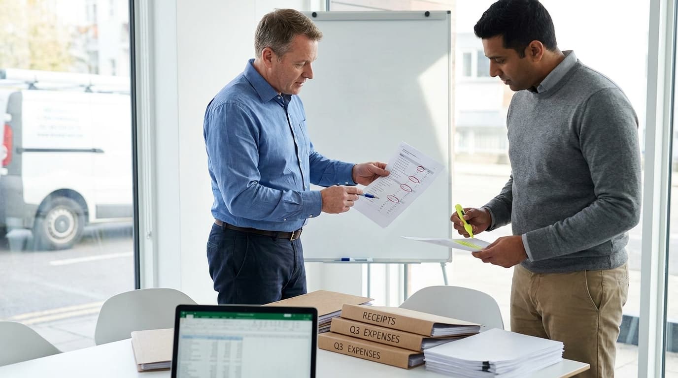A trade business owner and an accountant standing at a whiteboard reviewing a printed expense schedule with circled line items, labeled receipt folders on the table beside them