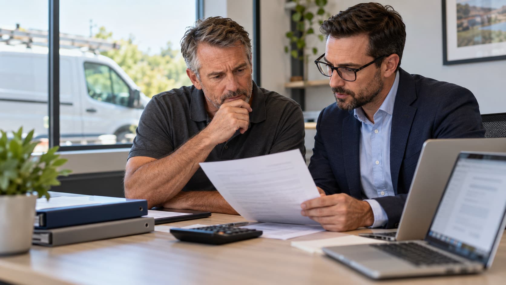A trades business owner and their accountant reviewing a purchase agreement and tax documents at a desk.