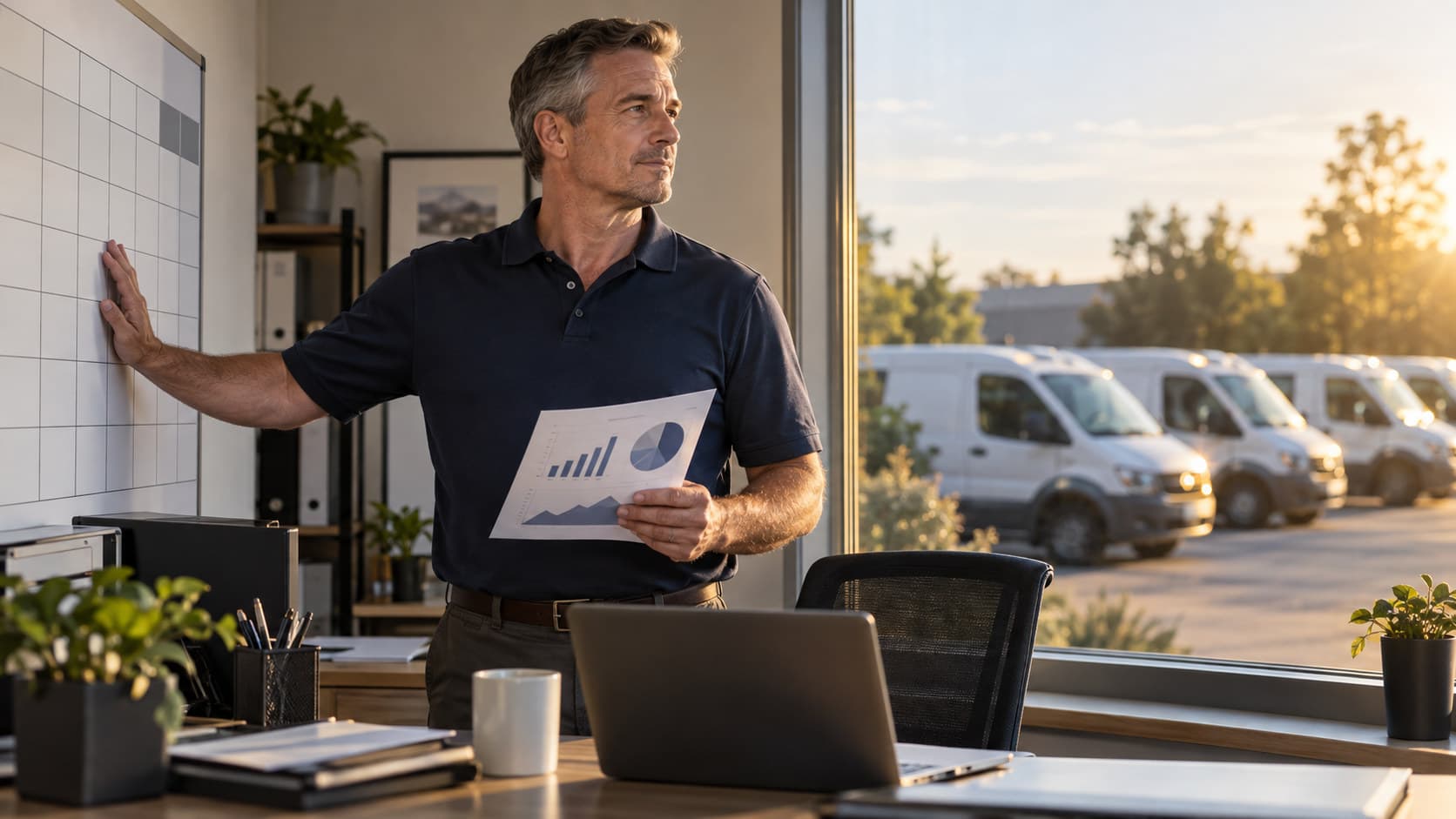 A trades business owner checking a wall calendar against a stack of financial documents at a tidy office desk.