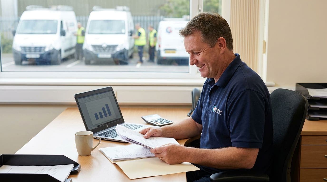 A trades business owner reviewing a valuation report and financial documents at a tidy desk, with branded work vans visible through the office window