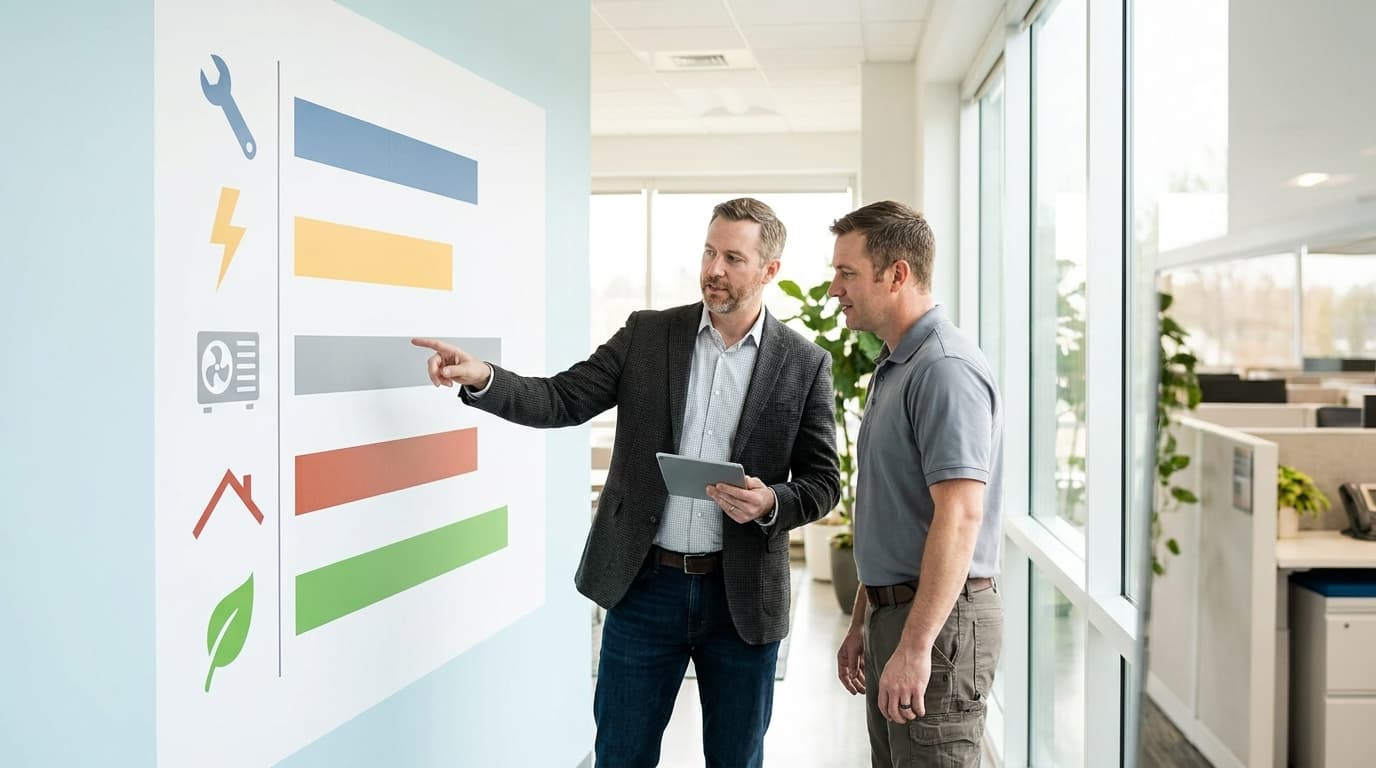A business analyst pointing at a wall chart comparing valuation ranges across trade icons for a wrench, lightning bolt, HVAC unit, roof and leaf, while a trade business owner in a work polo shirt looks on in a bright modern office