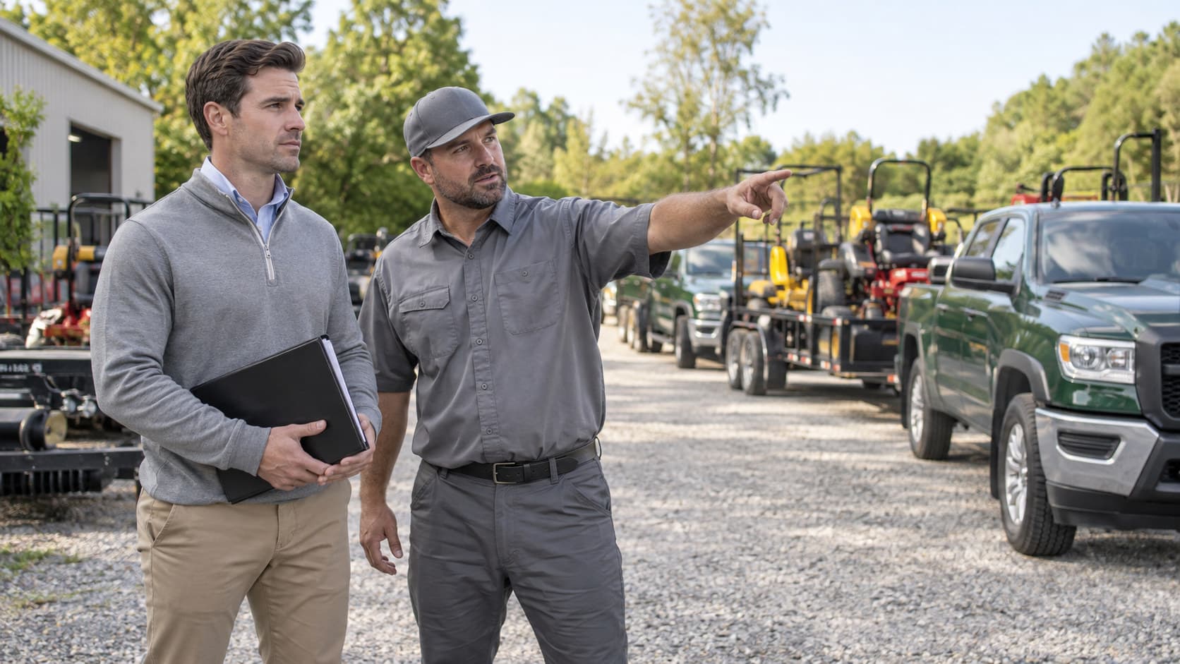 A buyer in smart-casual clothing holding a binder of maintenance contracts in a landscaping company yard, with a foreman in work gear pointing out the truck and mower fleet.