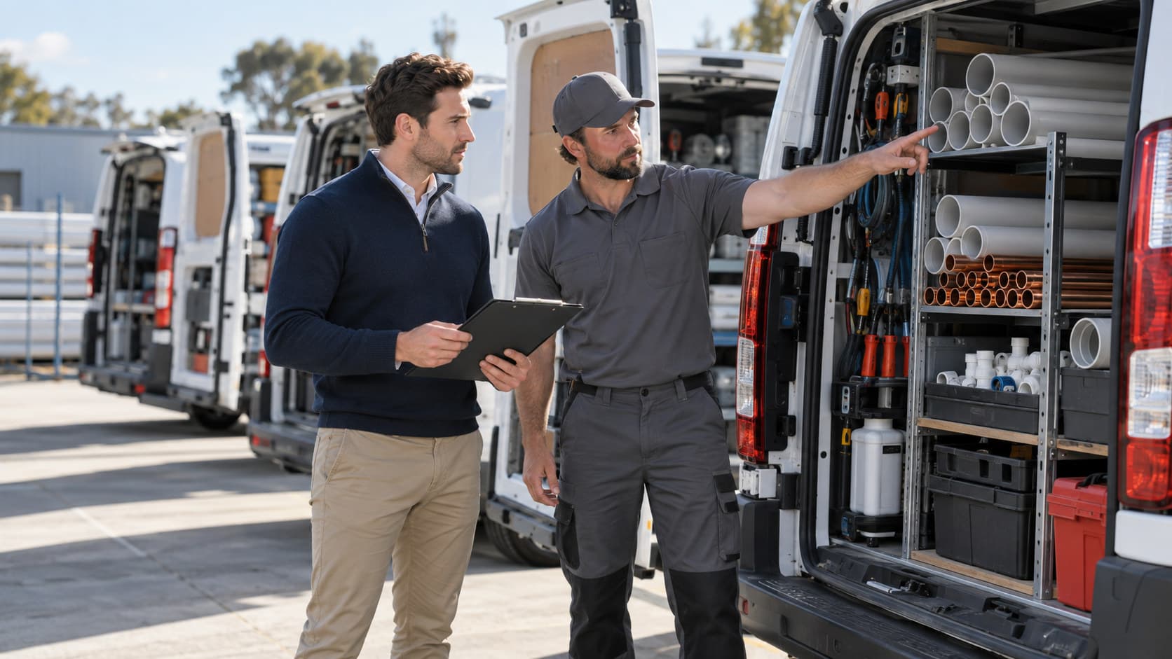 A buyer in smart-casual clothing inspecting a plumbing company's service vans and workshop with a clipboard, a plumber in work gear visible nearby.