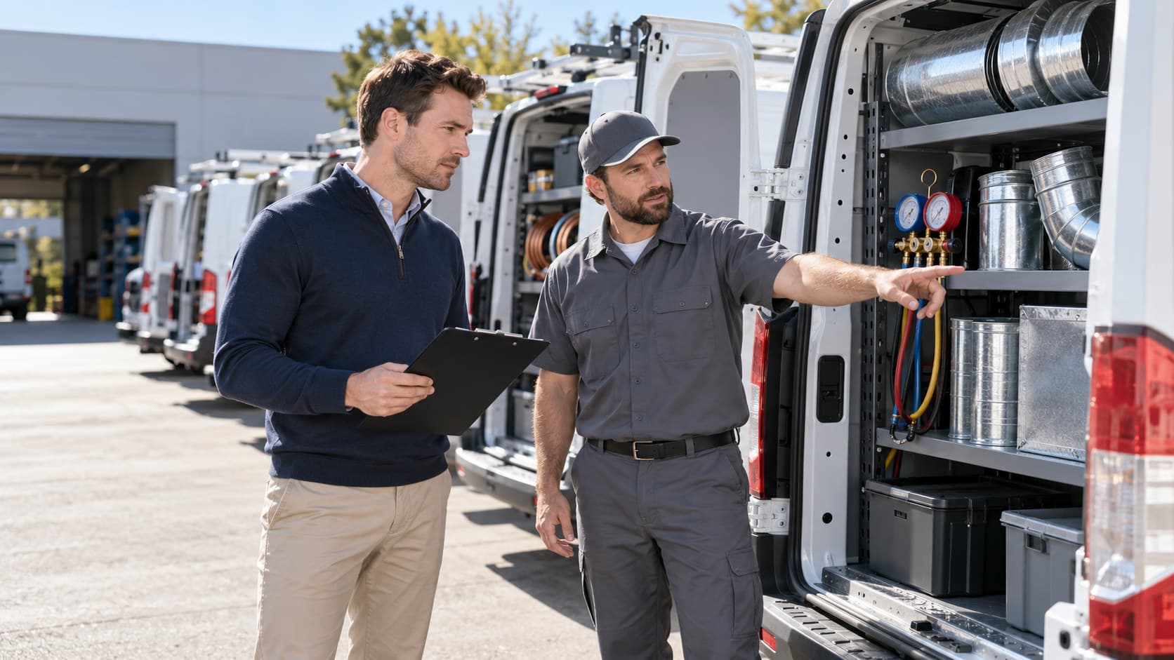 A buyer in smart-casual clothing reviewing HVAC service van records in a company yard with a uniformed technician nearby.