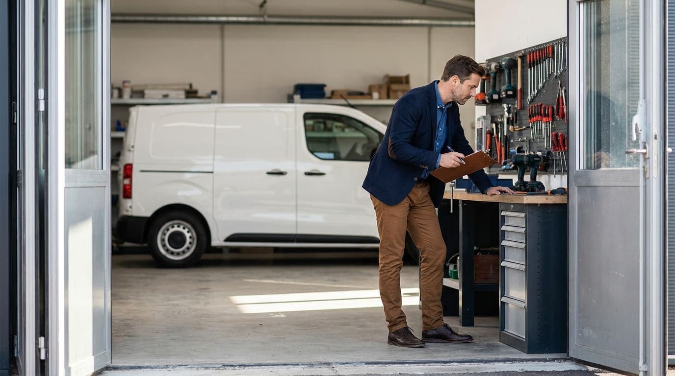 A buyer with a clipboard inspecting a well-organised trade workshop and work van