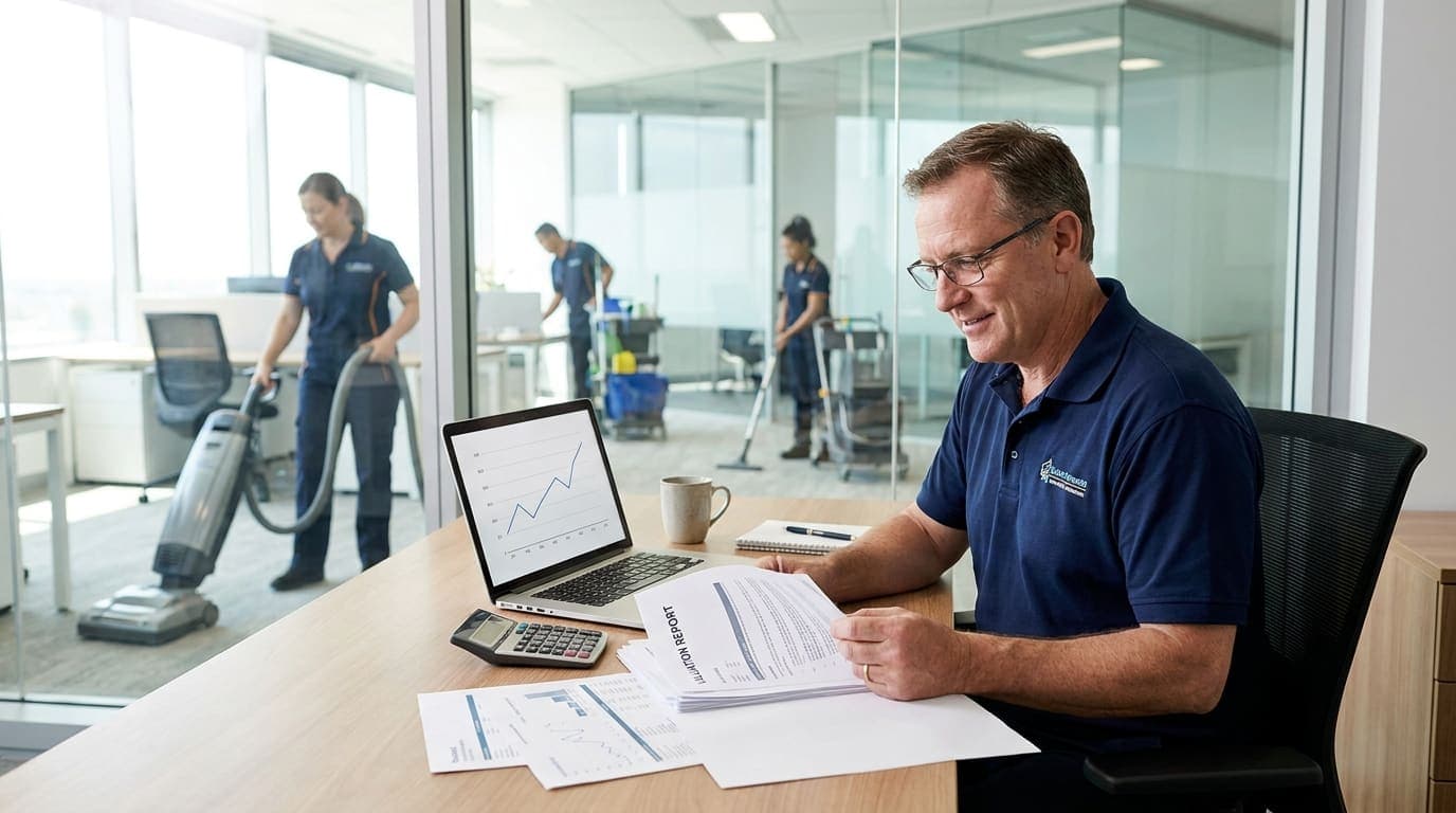 A commercial cleaning business owner reviewing a valuation report and financial documents at a tidy desk, with a professional cleaning crew in branded uniforms servicing a modern open-plan office visible through the glass walls behind him