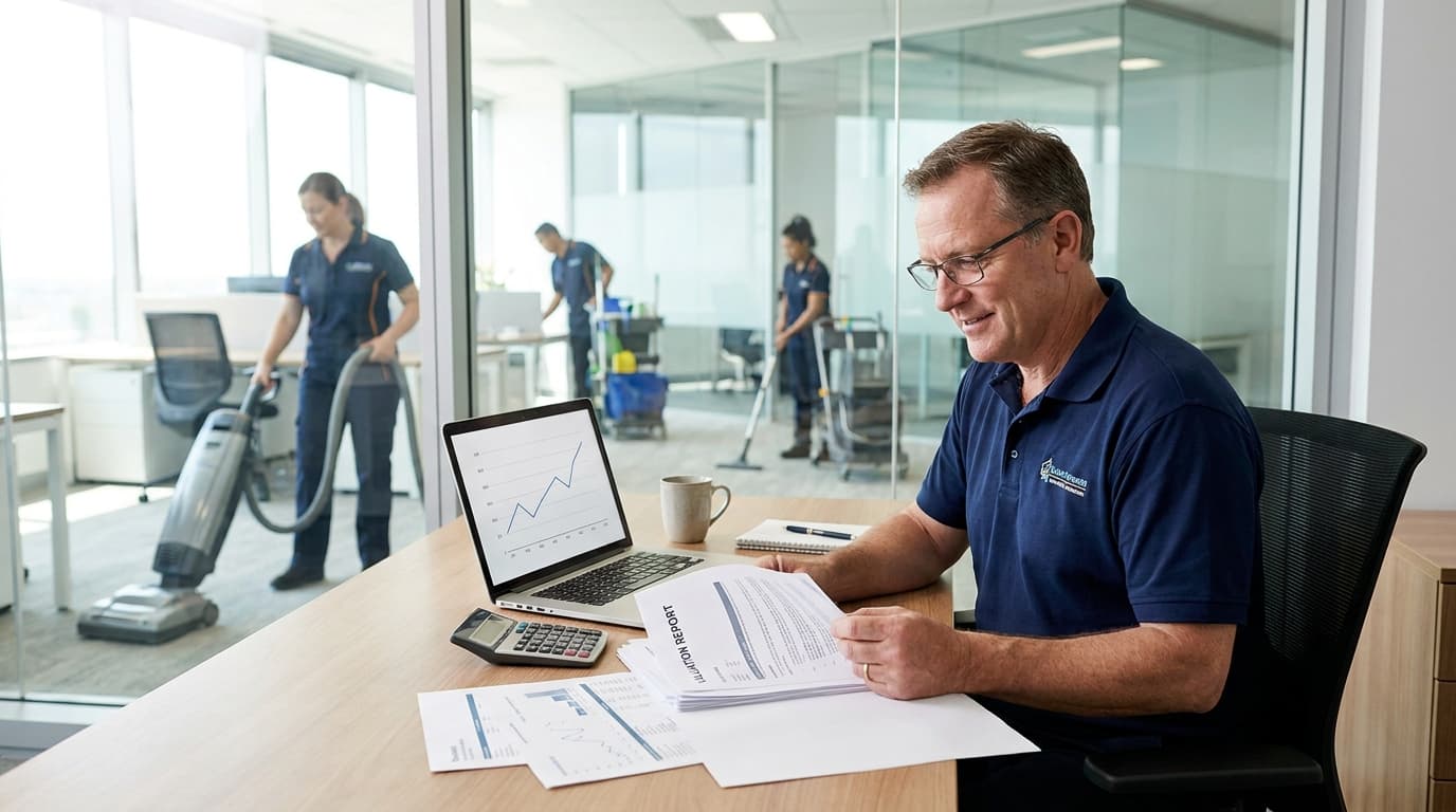 A commercial cleaning business owner reviewing a valuation report and financial documents at a tidy desk, with a professional cleaning crew in branded uniforms servicing a modern open-plan office visible through the glass walls behind him