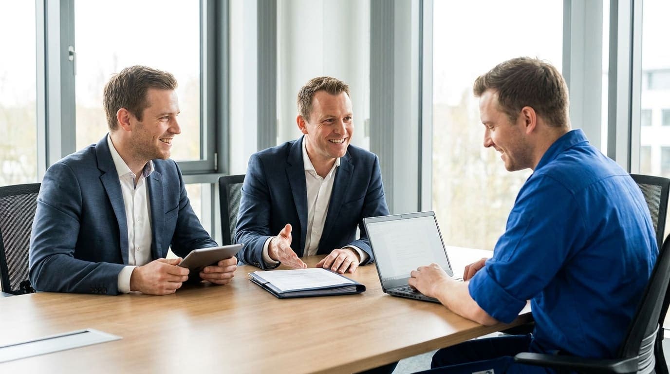 A business broker and lawyer advising a tradesperson across a meeting table