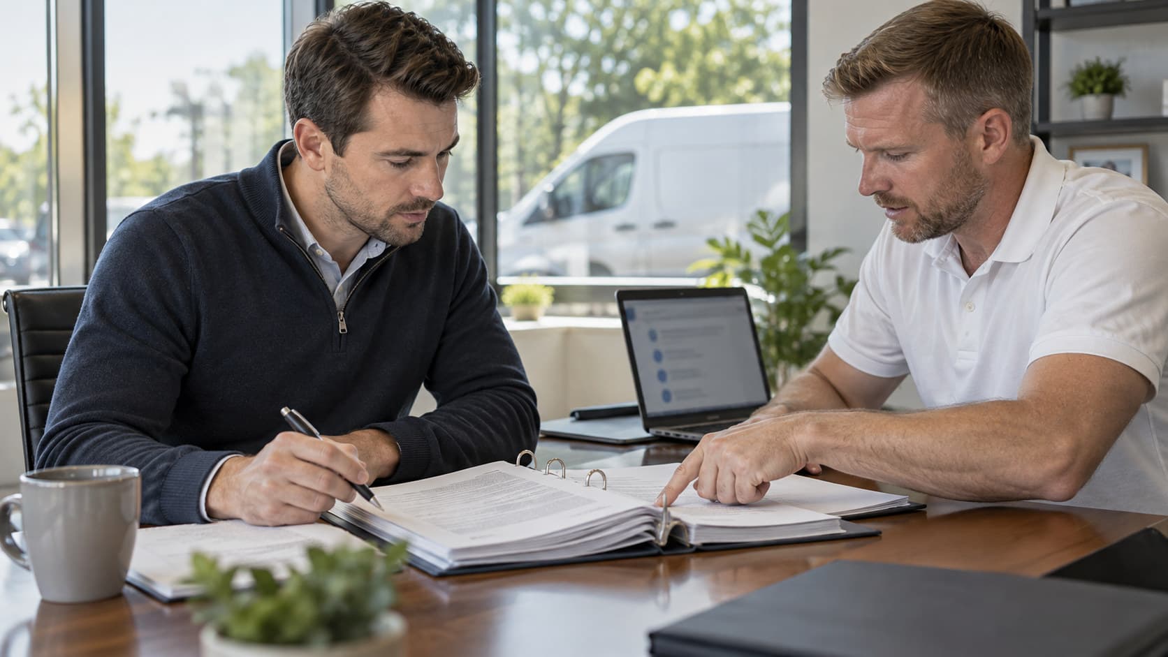 A buyer in smart-casual clothing reviewing a thick binder of financial and legal documents at a desk, with a trade business owner pointing something out on a laptop beside him.
