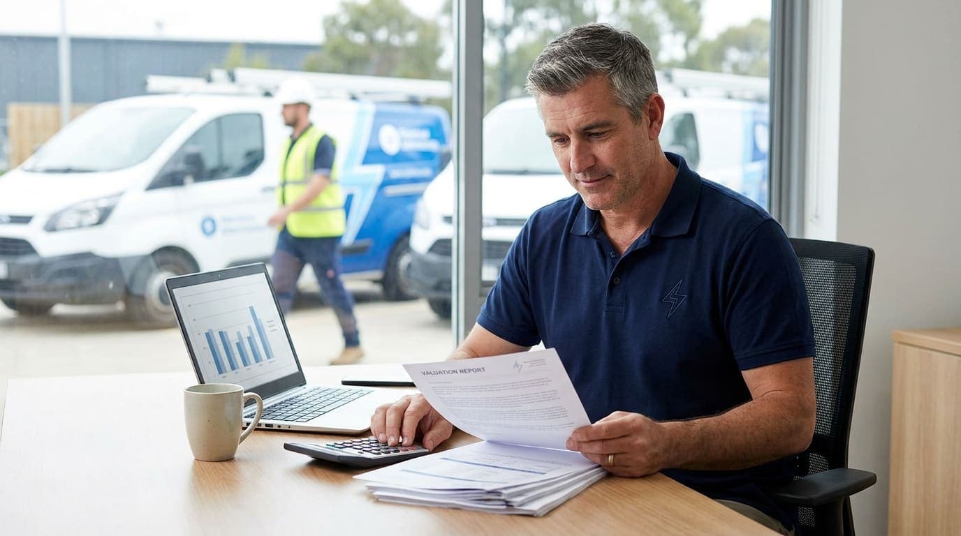 An electrical contracting business owner reviewing a valuation report and financial documents at a tidy desk, with branded electrical service vans and a uniformed electrician visible through the office window