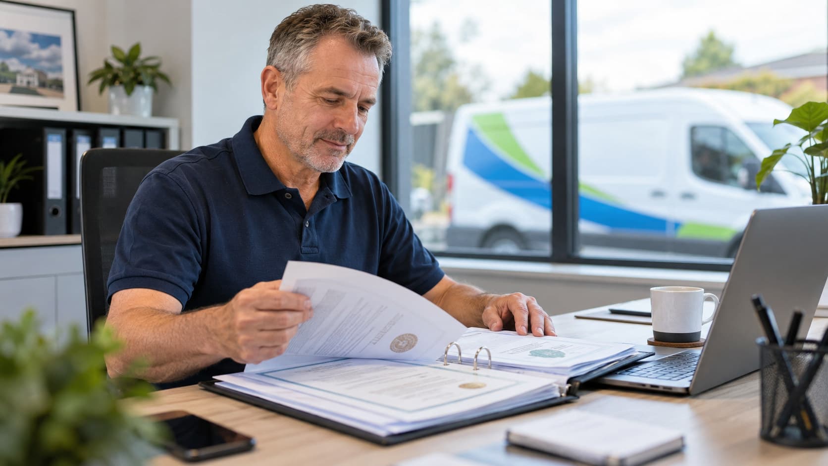 A trade business owner reviewing a binder of supplier approvals and framework documents at an office desk.