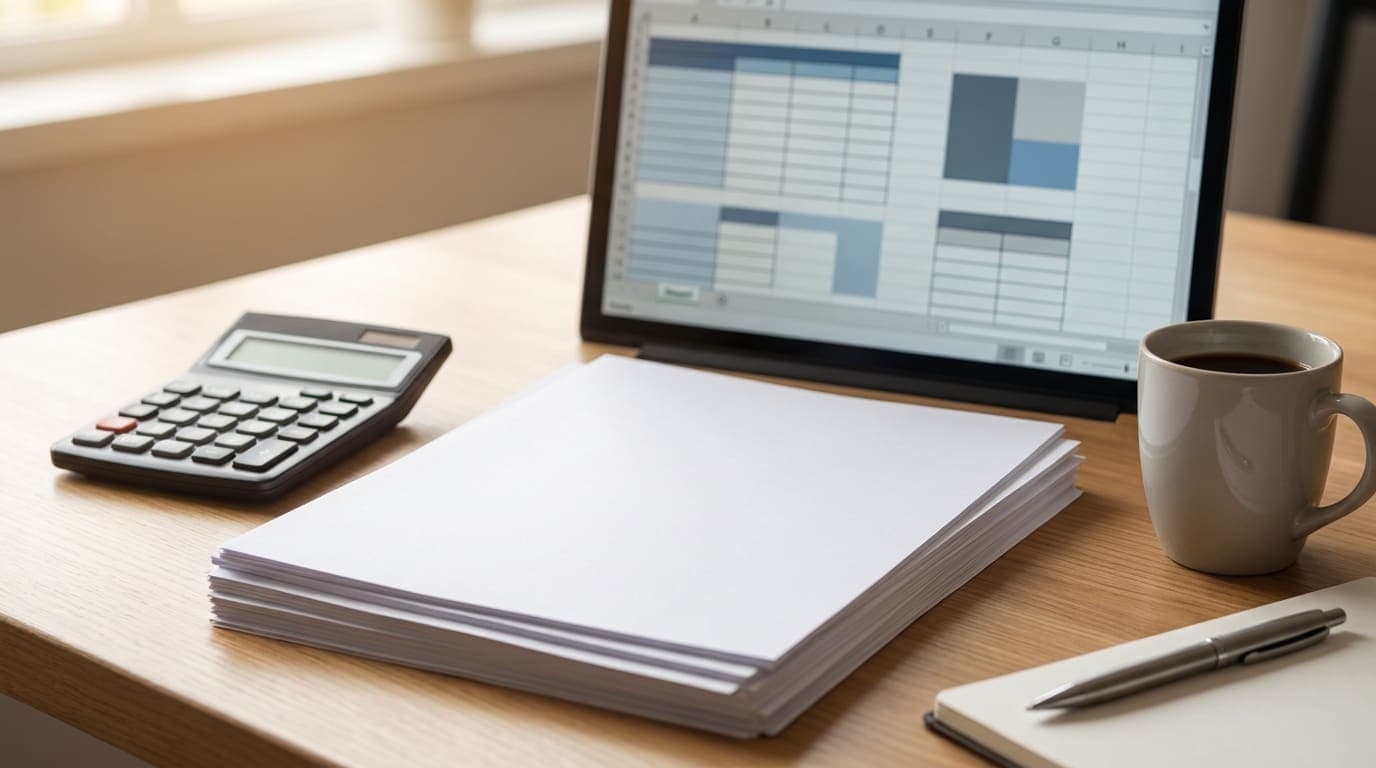 A tidy desk with organised financial documents, a calculator and a laptop showing a spreadsheet