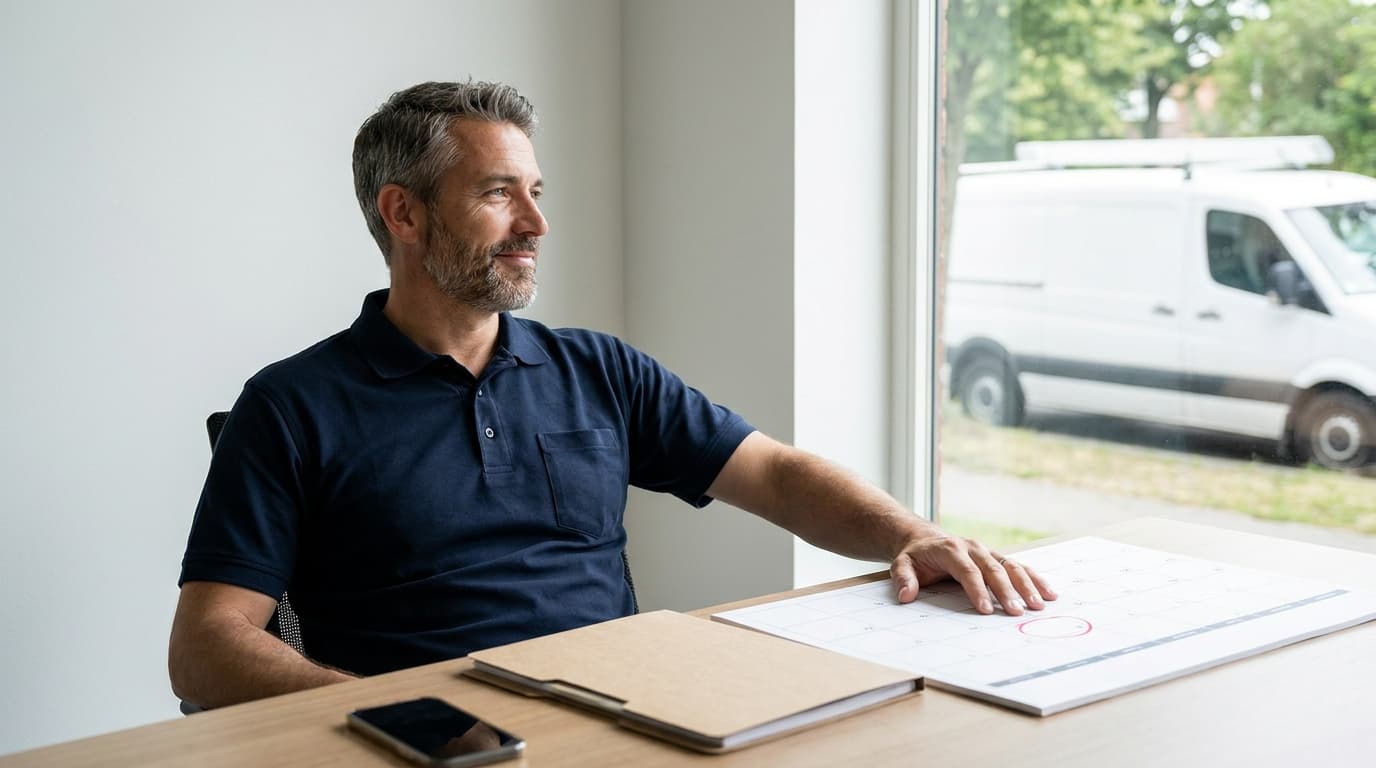 A trade business owner in a plain navy work polo sitting calmly at his office desk with one hand on a wall calendar with a date circled in red, a work van visible through the window behind him