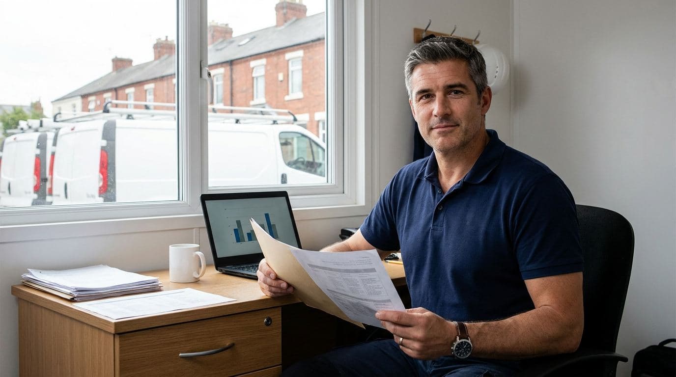 A UK contracting business owner at a tidy desk reviewing a printed valuation report and accounts, with white contractor vans and scaffolding visible through the window