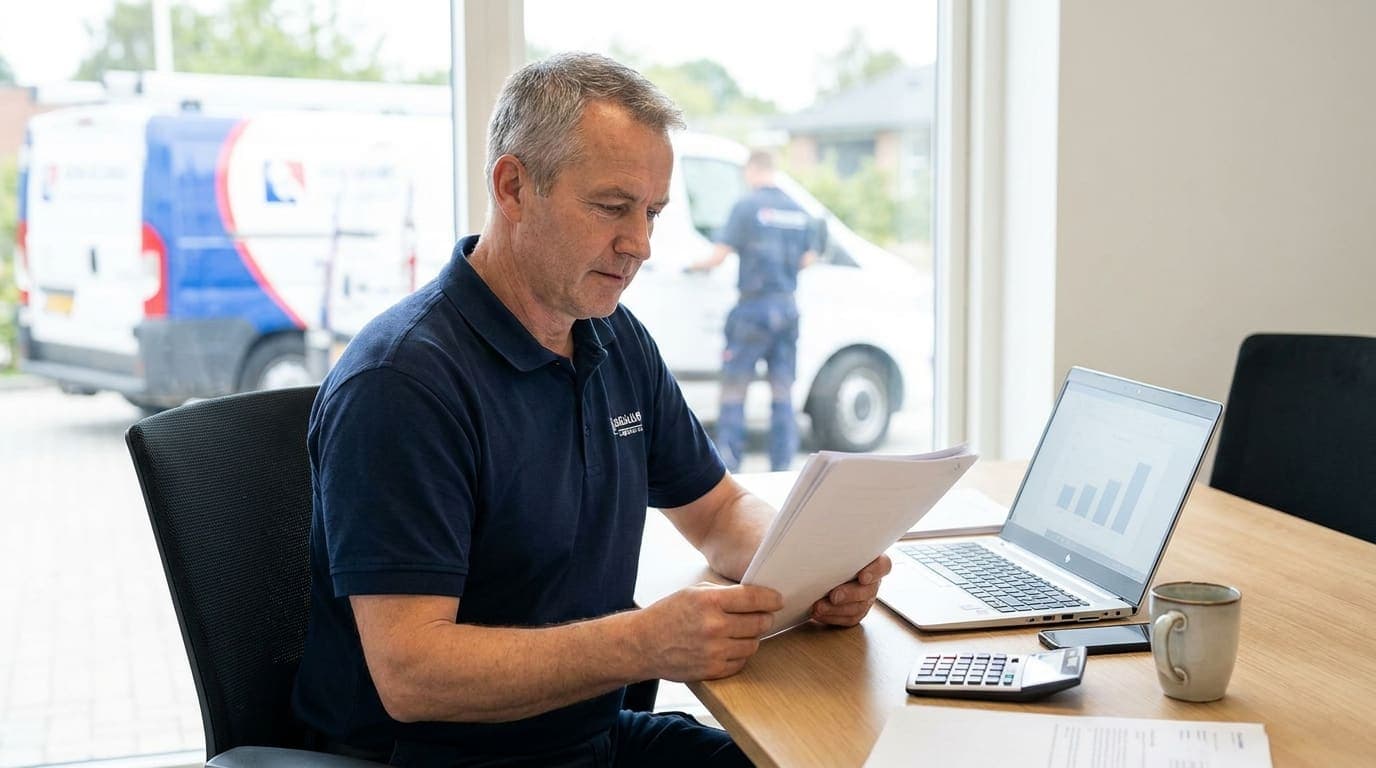 An HVAC business owner reviewing a valuation report and financial documents at a tidy desk, with branded work vans visible through the office window