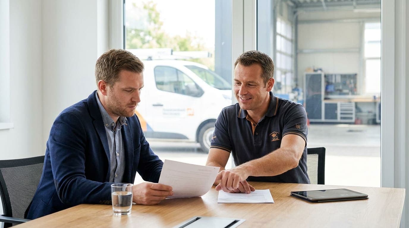 A buyer reviewing financial documents with a trades business owner at a meeting table, a work van visible through the window