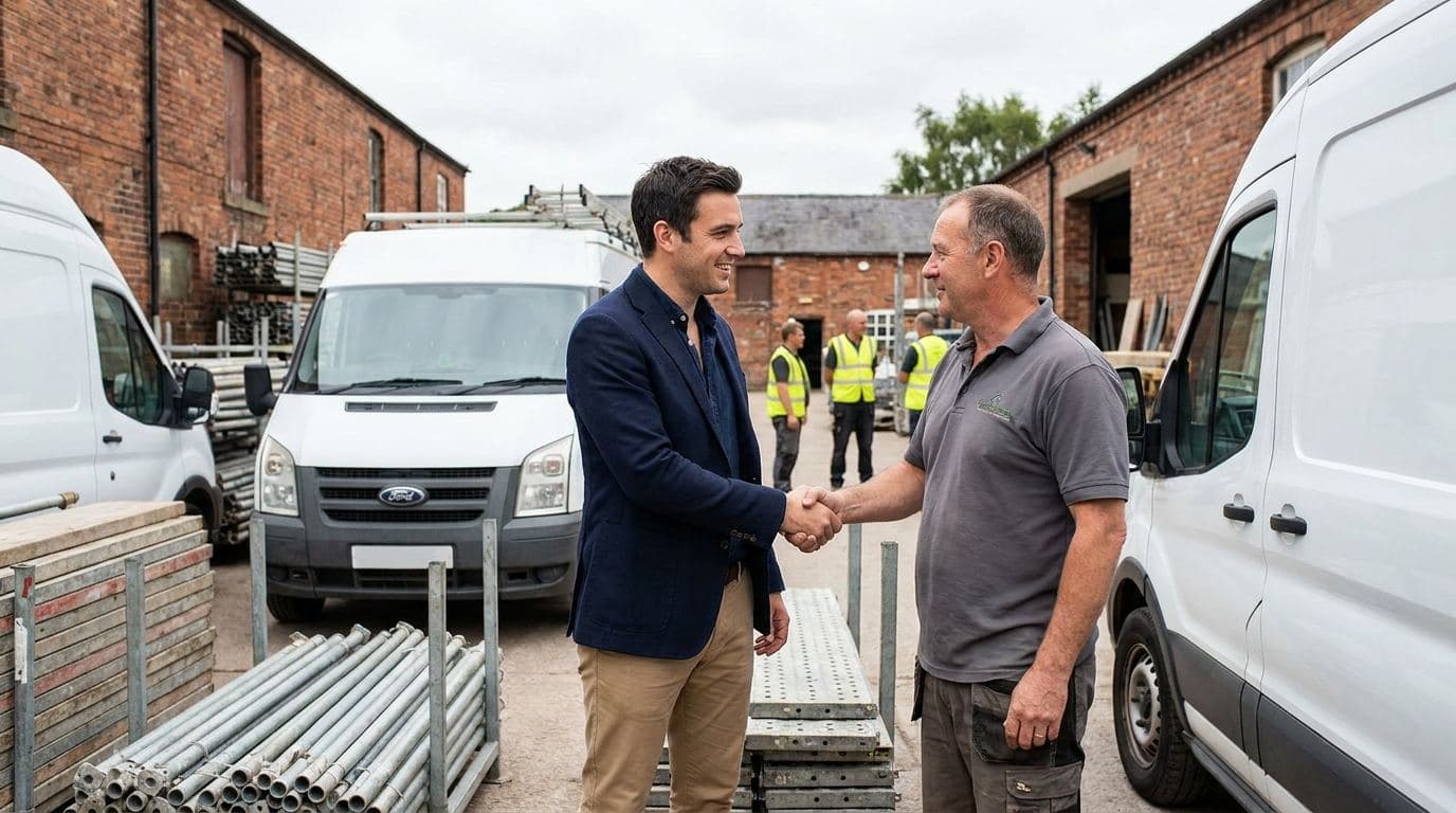 A buyer in smart casual clothing reviewing paperwork with a UK contracting business owner in a tidy office, white work vans visible in the yard outside